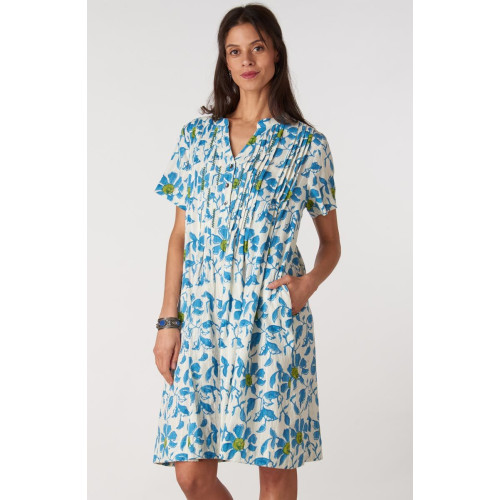 Anvita Short-Sleeve Pleated Shirtdress - White/Blue Anvita Short-Sleeve Pleated Shirtdress - White/Blue