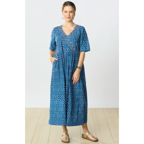 Geethali Block Print V-Neck Maxi Dress - Tranquil blue