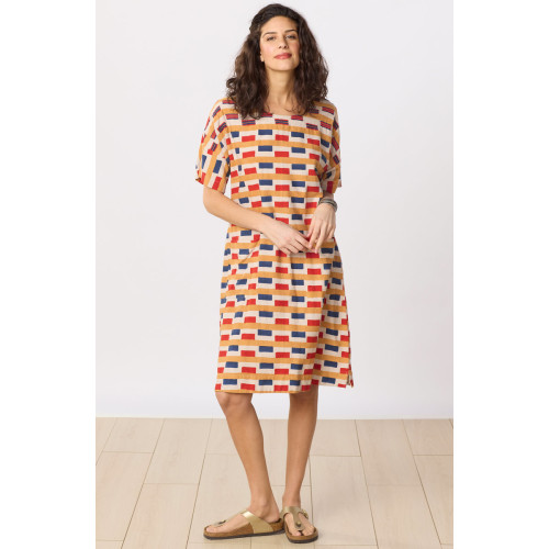 Vishala Drop-Shoulder Knee-Length Shift Dress - Oatmeal/Multi