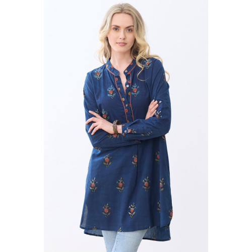 Yamini Roll-Sleeve Shirttail Kurta - Indigo