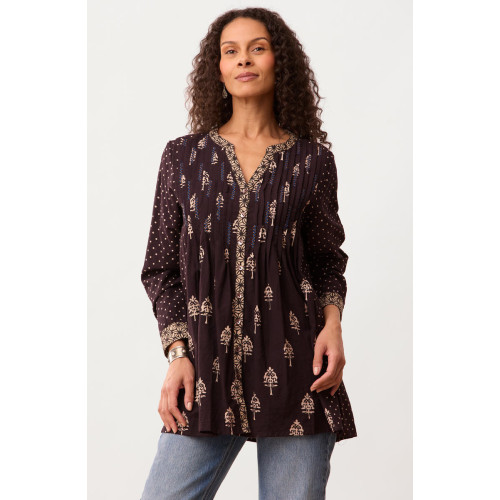 Vaishali Pleated Button-Down Tunic - Black/Natural