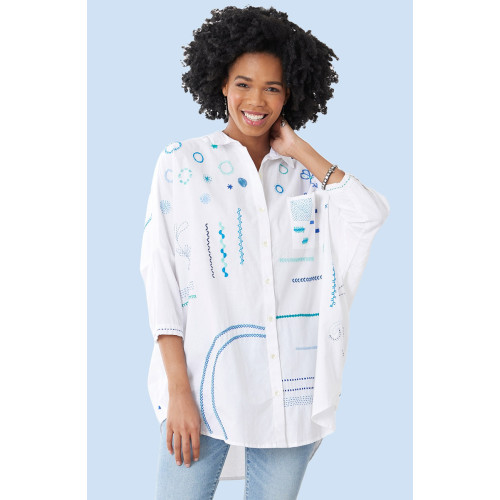 Mandvi Organic Cotton Oversized Sampler Shirt - White/Blue